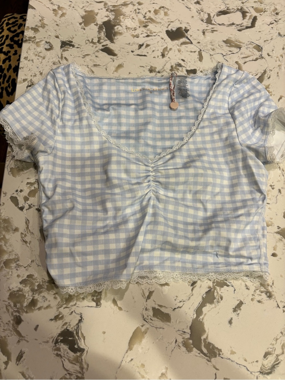 Loveshackfancy Kudara Blue Gingham Ruched Lace Trim Crop Top size small